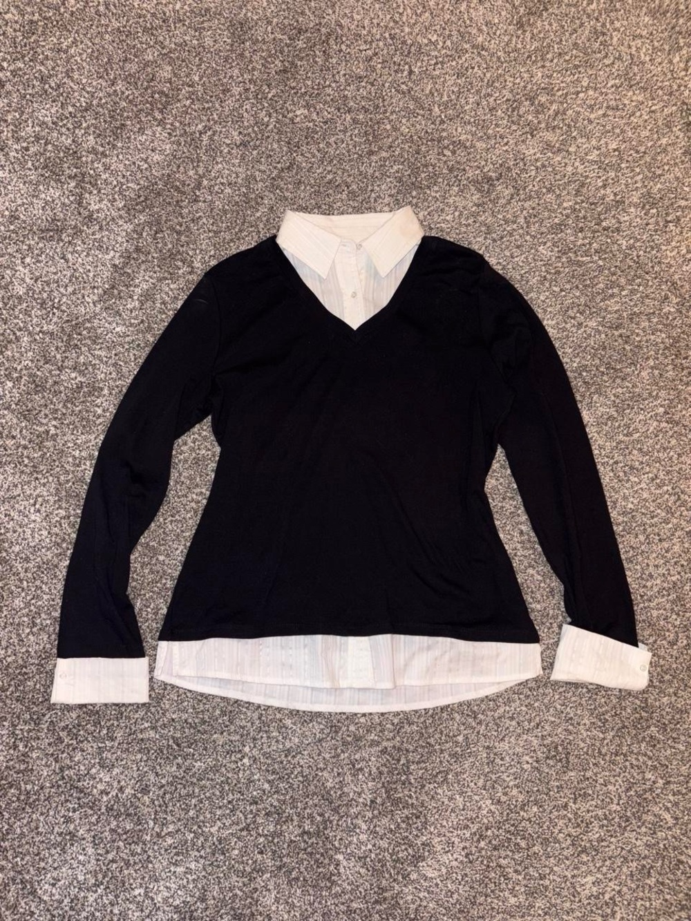 Y2K black V neck sweater with white cuffs and layered polo design